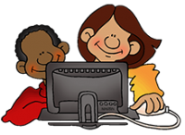 Cartoon of a Mom and son using a computer together
