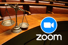 Photo of the Scales of Justice and the ZOOM logo