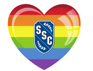 A graphic of a rainbow heart with the SSC shield in it.