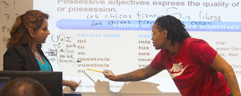 A photo of a Spanish instructor and student.