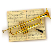 A photo of a trumpet on sheet music