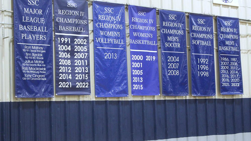 A photo of the championship banners our teams have won.