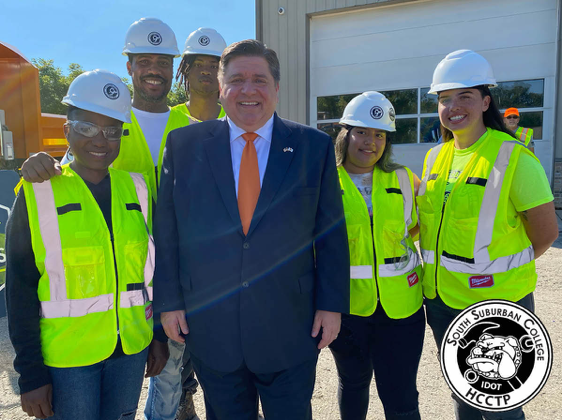Governor JB Pritzker with future apprentices and current students in the South Suburban College (SSC) Highway Construction Careers Training Program.