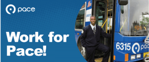 A Graphic Stating, "Work for Pace!" with a Man Standing at the Door of a Pace Bus