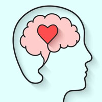 A graphic with a heart located inside of a brain.