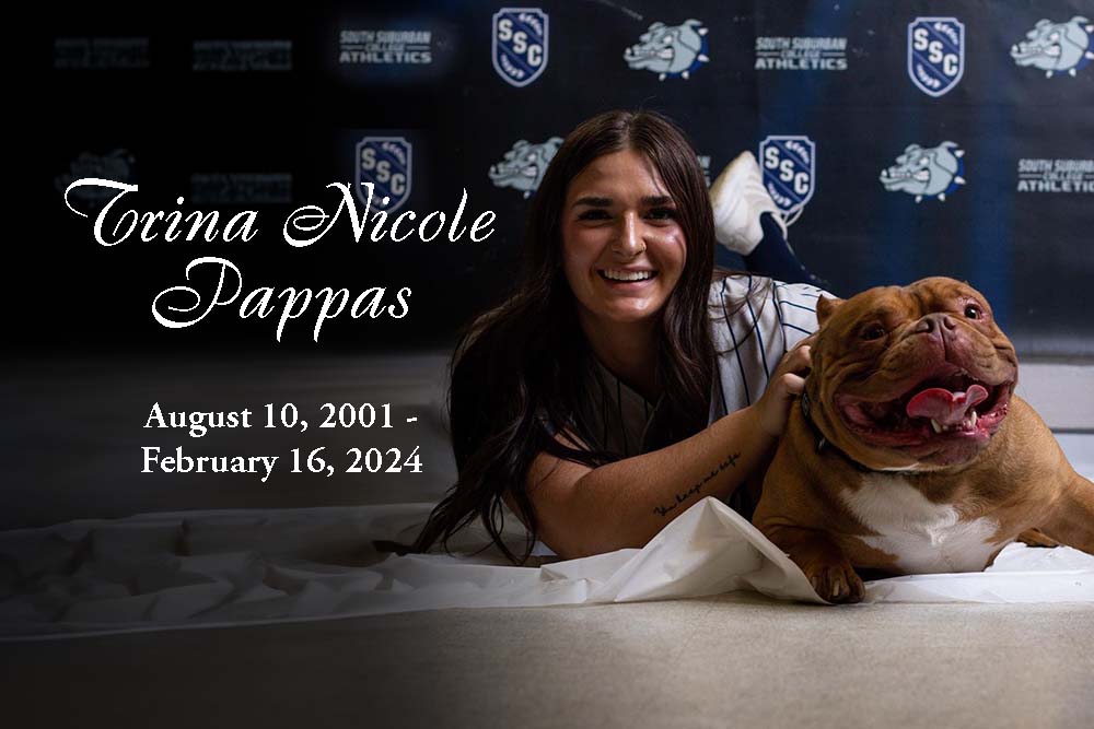 A memorial photo of SSC softball player Trina Nicole Pappas with a bulldog.