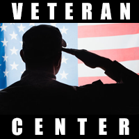 A silhouette of a person saluting the American flag with the text, "Veteran Center".