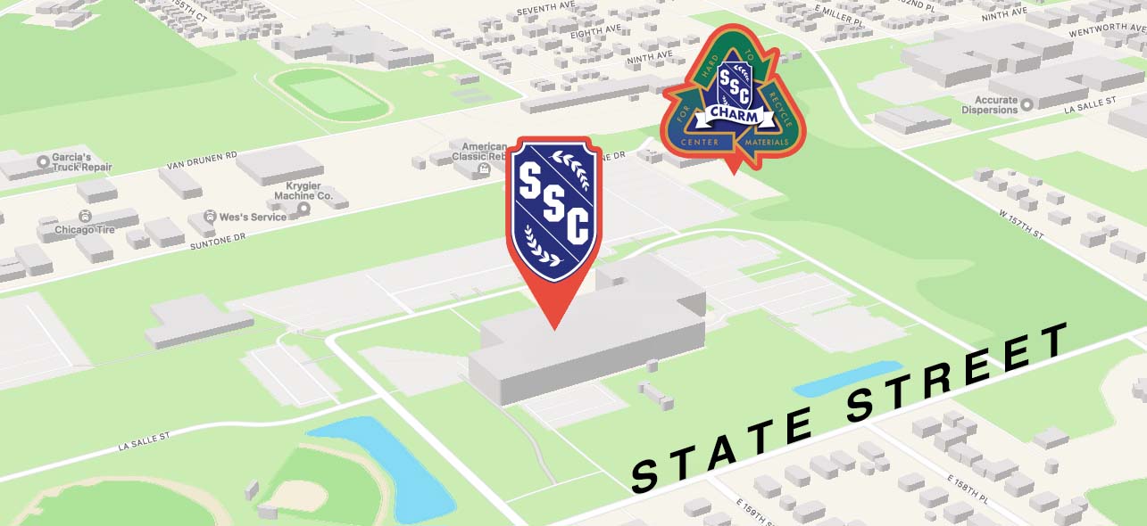 Proximity map showing location of the Center for Hard to Recycle Materials in relation to the Main Campus.