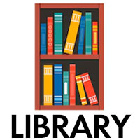 A graphic with books that says "Library".