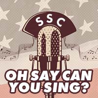 A graphic of an American flag and a microphone with text that says, "Oh Say Can You Sing?"
