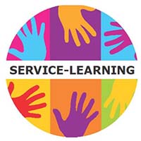 A graphic with hand prints that says, "Service-Learning".