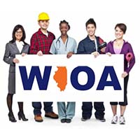 People from various professions holding a sign that says, "WIOA".