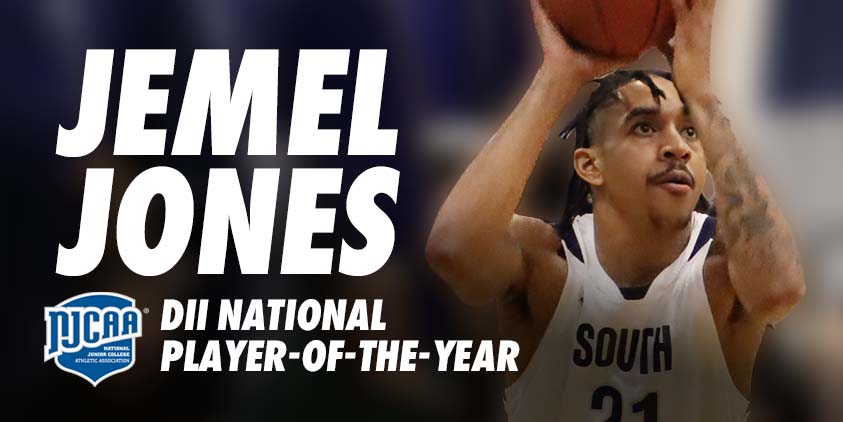 A photo of SSC student, Jemel Jones, with a graphic that states, "NJCAA DII National Player-of-the-Year"