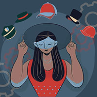 A cartoon woman pointing to many hats.