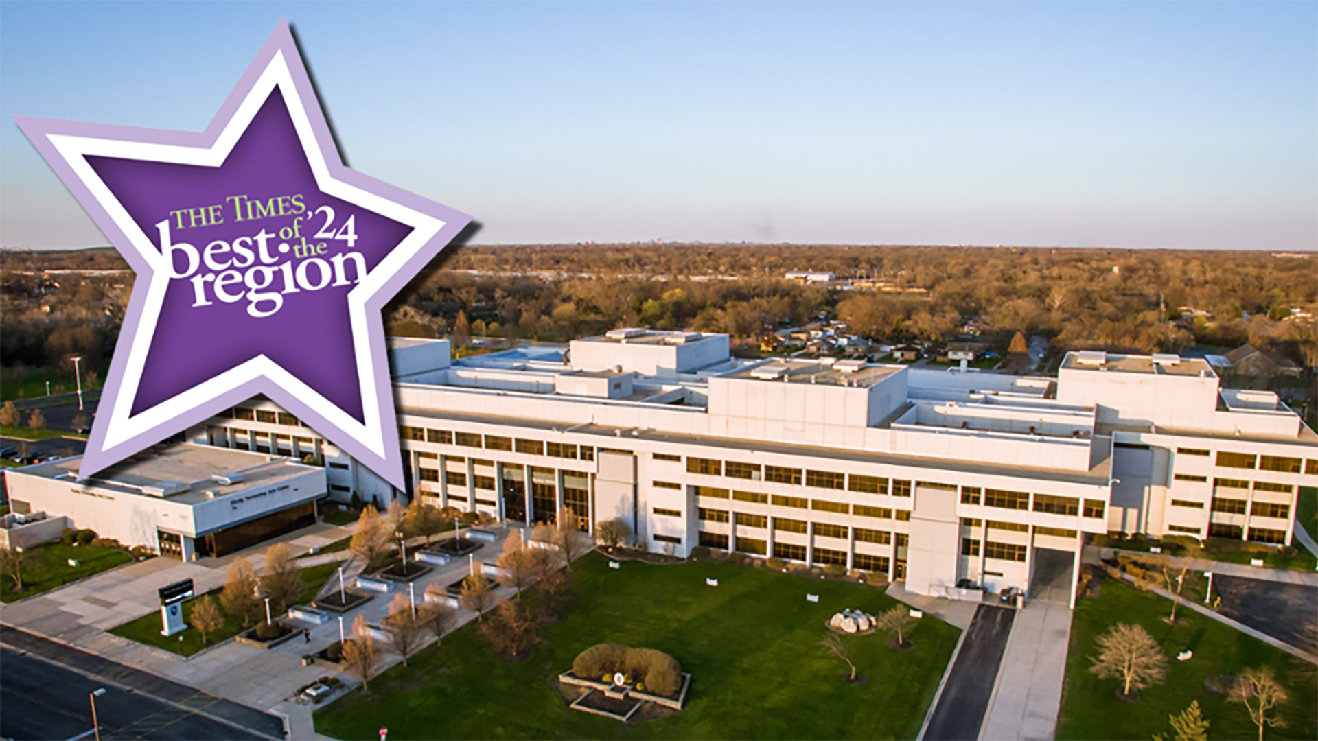 The Times of Northwest Indiana 2024 Best of the Region star logo on an aerial photo of the Main Campus.