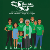 Cartoon family stand under The Links, Inc. logo.