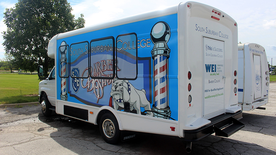 Exterior of mobile barber bus