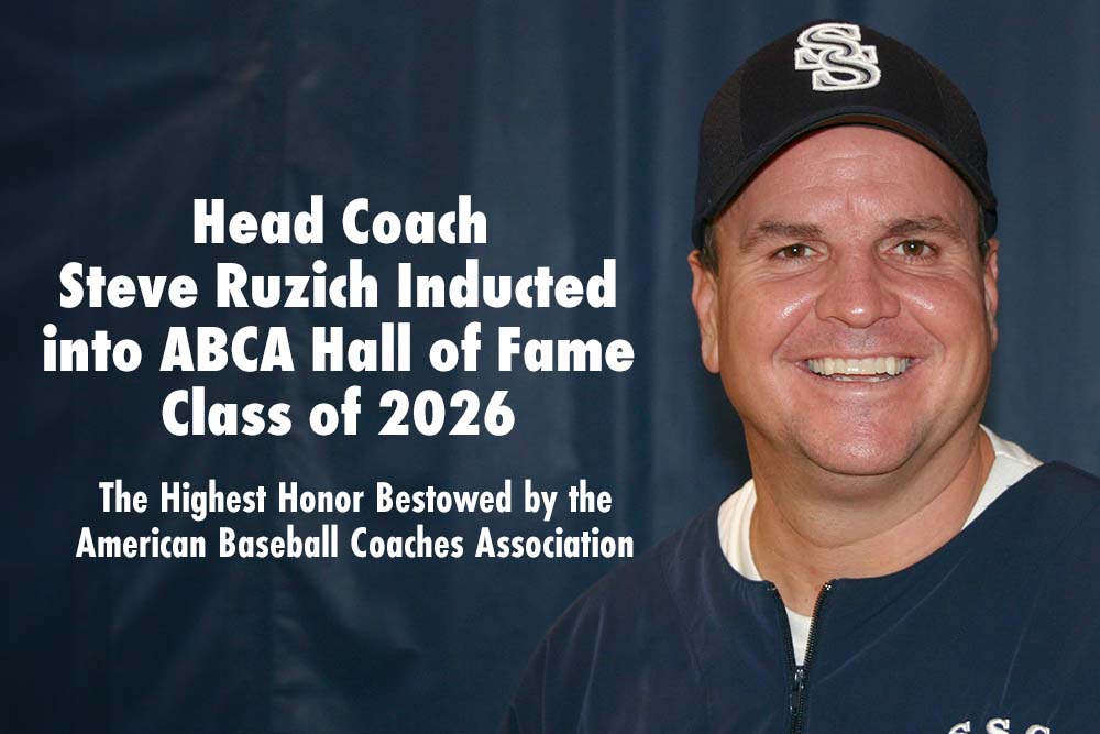 Photo of Steve Ruzich that says, "Head Coach Steve Ruzich Inducted into ABCA Hall of Fame Class of 2026; The Highest Honor Bestowed by the American Baseball Coaches Association".