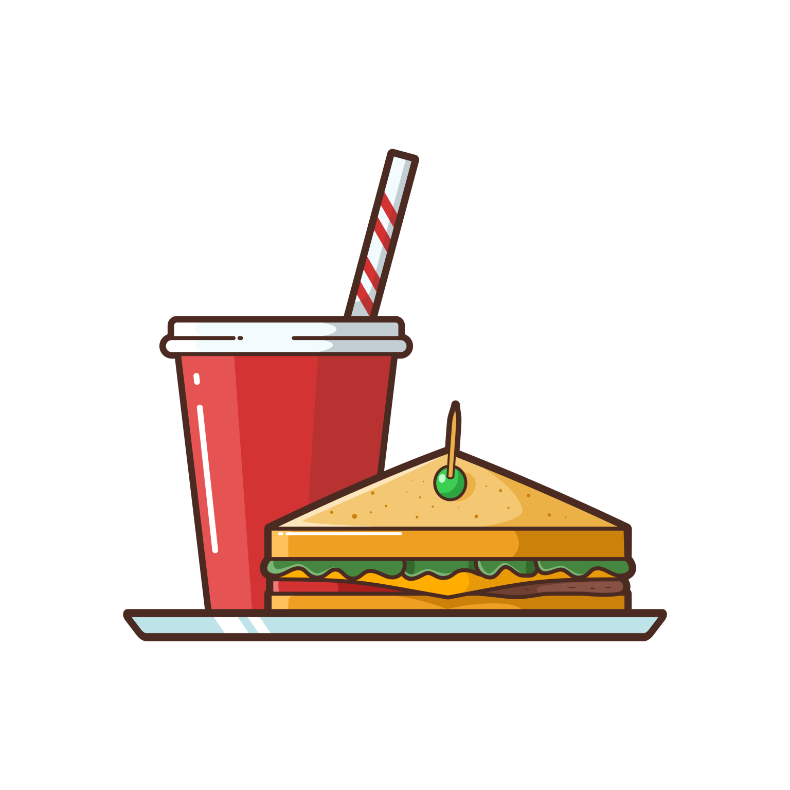 Clip art of a drink and sandwich.