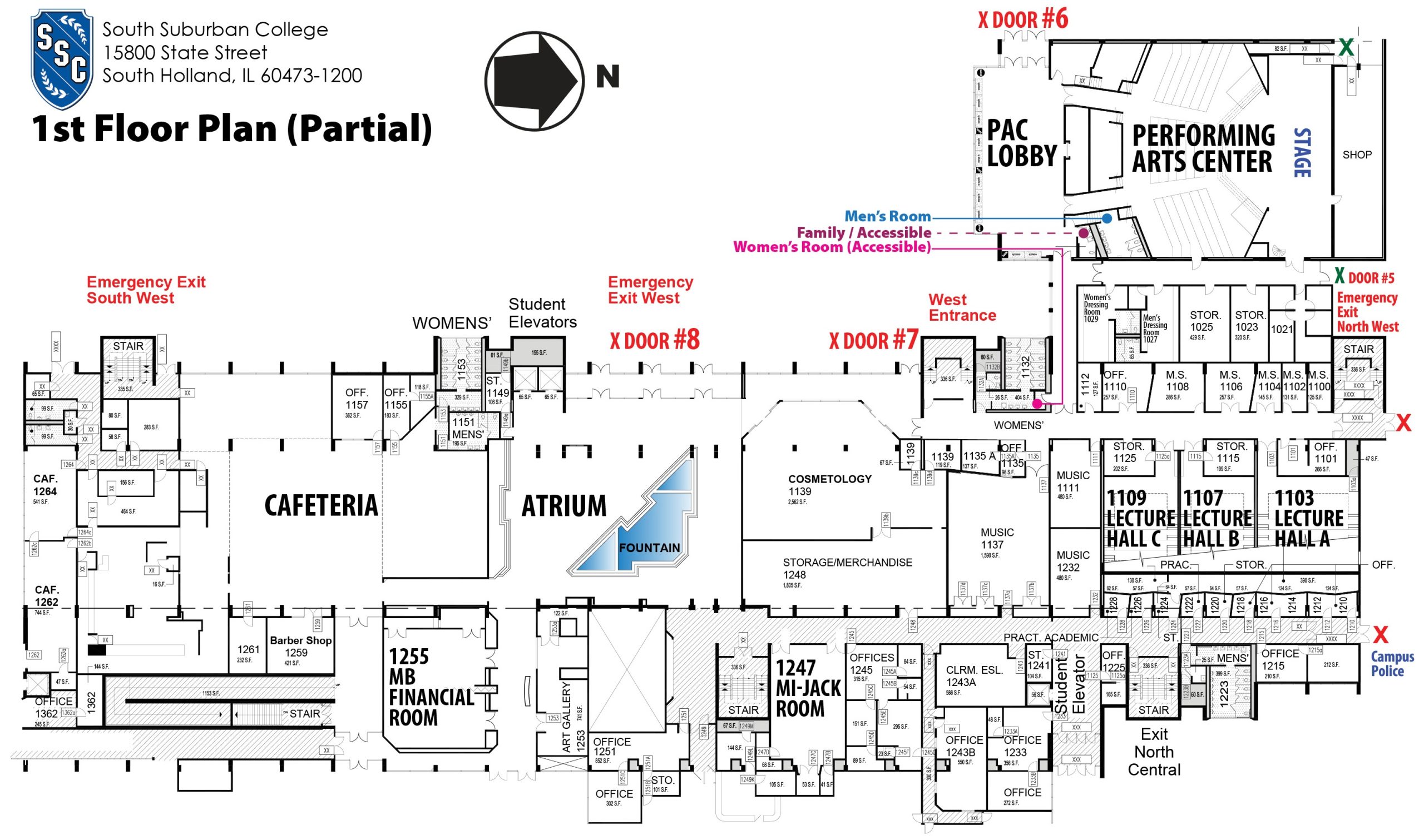 Partial first floor plan of South Suburban College highlighting key rental facilities and student services.