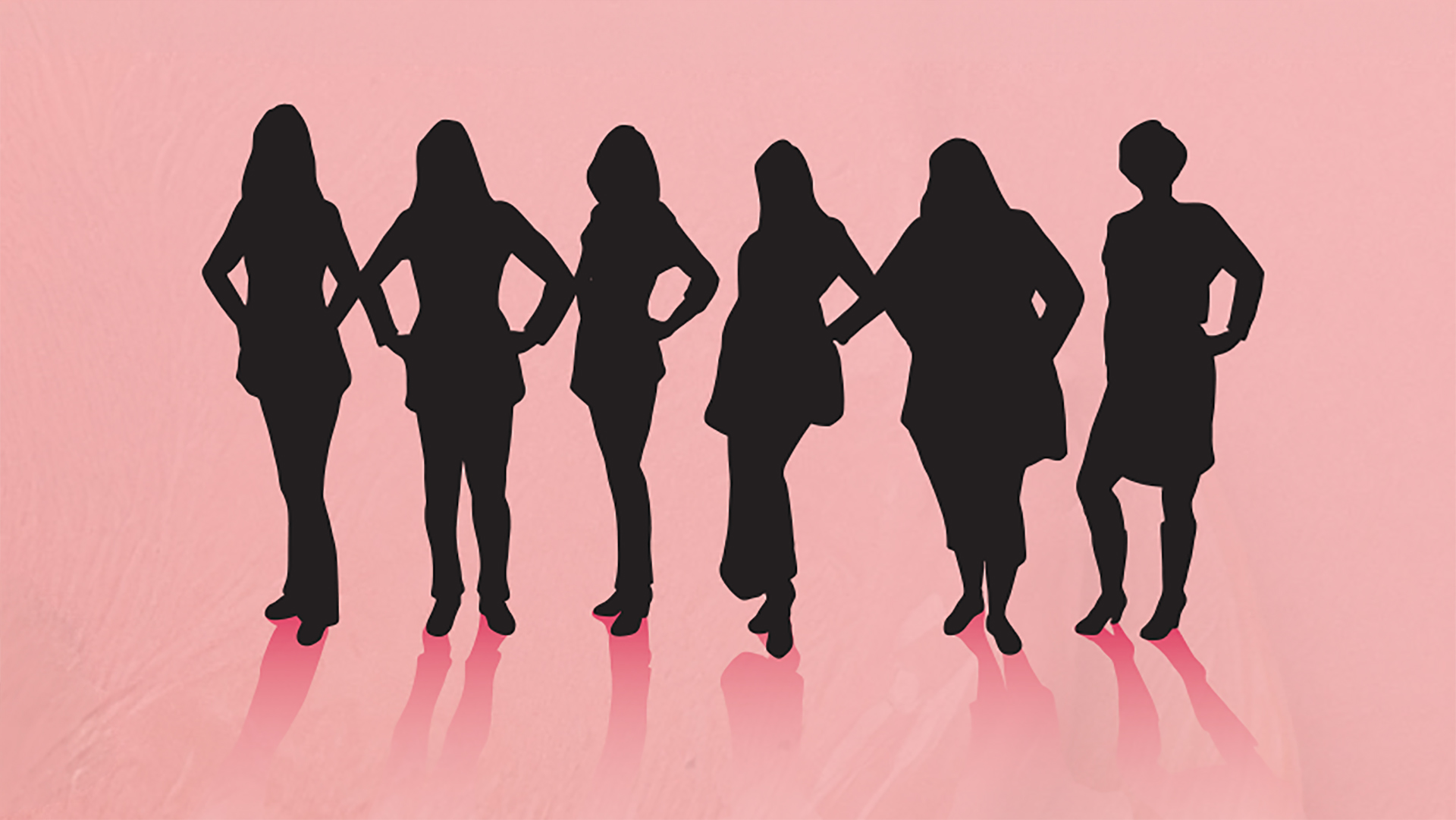 A silhouette of six women posing.