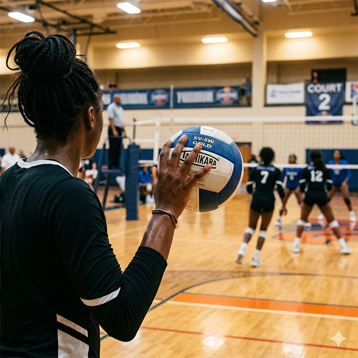 A volleyball players holds a volleyball, preparing to serve.