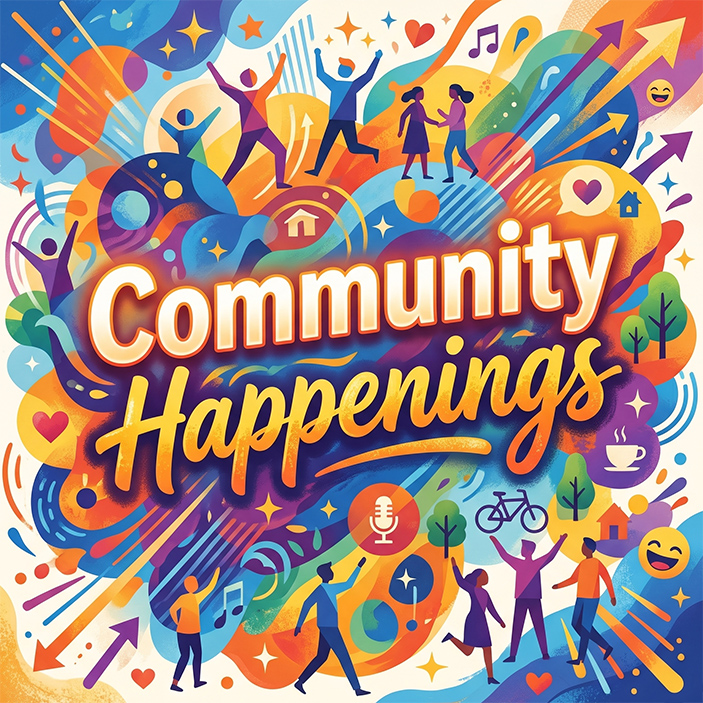 A vibrant and colorful abstract illustration featuring stylized silhouettes of people celebrating, dancing, and walking, interspersed with community icons like a home, bicycle, and microphone around the bold text "Community Happenings."