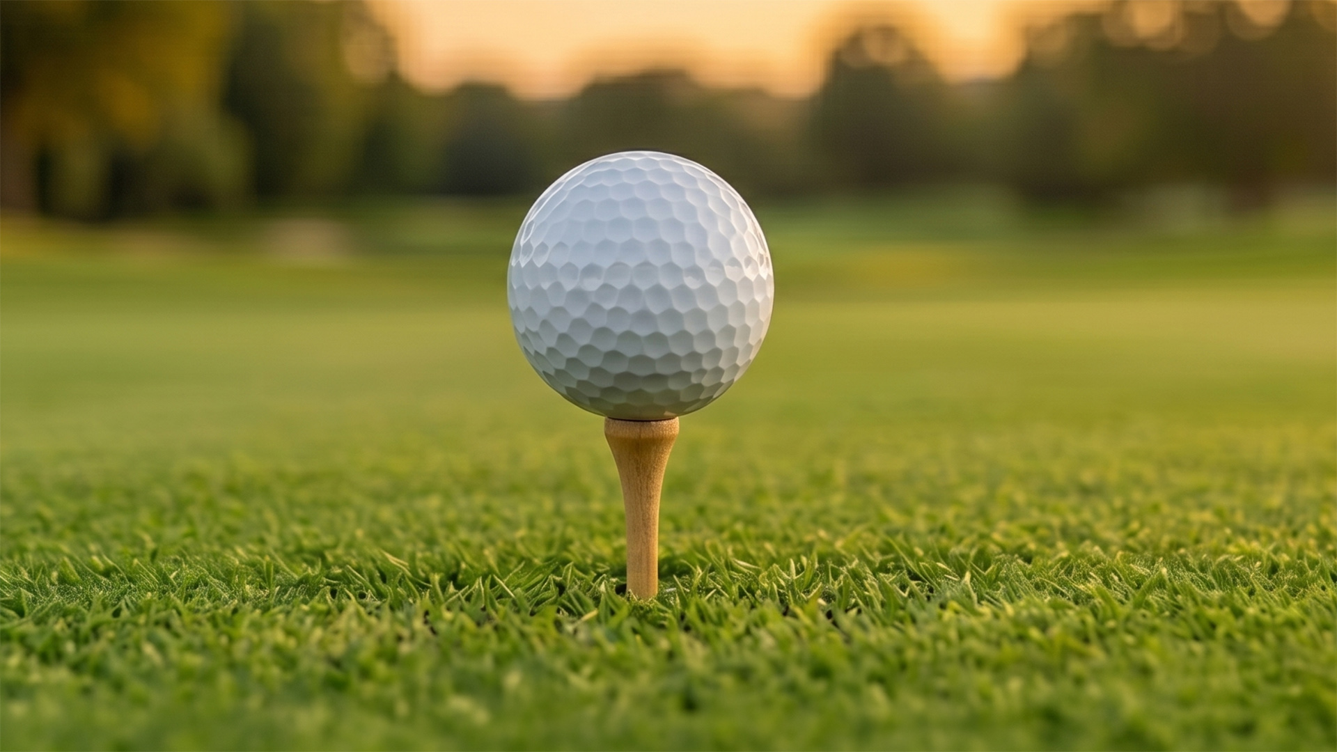 A close-up, panoramic shot of a pristine white golf ball resting on a wooden tee that is pushed directly into a lush green fairway, with a softly blurred background of trees at sunset.