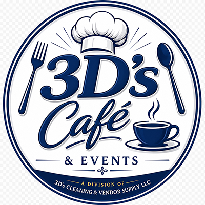 3D's Café & Events logo featuring a chef hat, coffee cup, fork, and spoon inside a circular emblem.