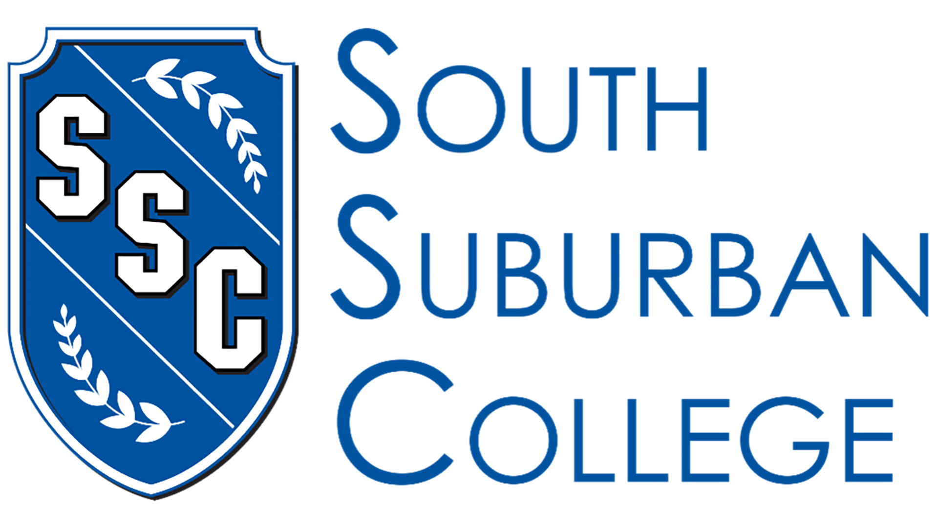 Official logo for South Suburban College featuring a blue shield emblem on the left containing the block letters "SSC" and laurel sprigs, accompanied by the text "SOUTH SUBURBAN COLLEGE" in blue on the right.