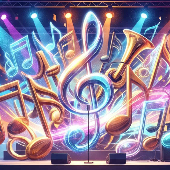 A vibrant digital illustration of glowing musical notes and a central treble clef set against a colorful, stage-lit backdrop with overhead spotlights and sound equipment.