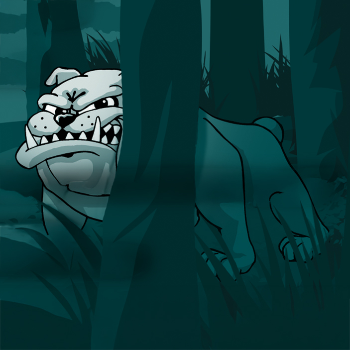 Cartoon illustration of a fierce SSC bulldog mascot peeking out from behind dark trees and grass in a spooky forest setting.