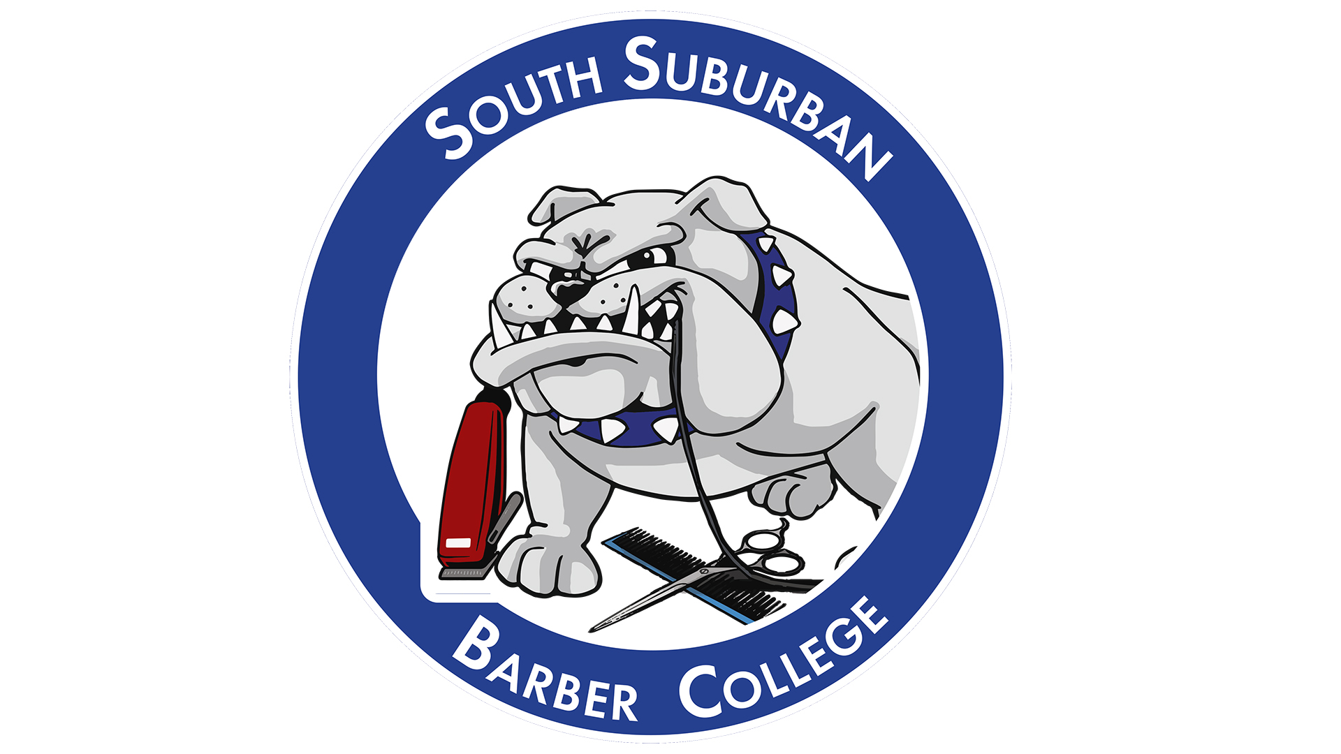 Circular logo for South Suburban College Barber College featuring the bulldog mascot holding hair clippers, scissors, and a comb.