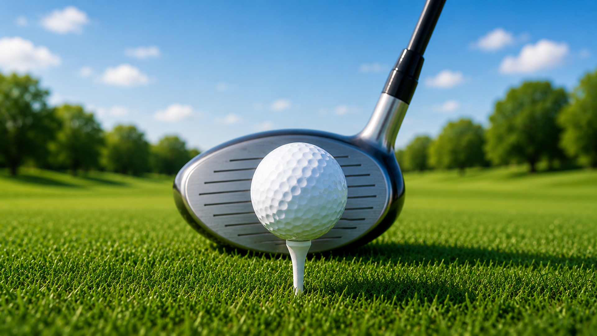 A golf ball on a tee sits centered in front of a golf club on a sunny, tree-lined golf course.